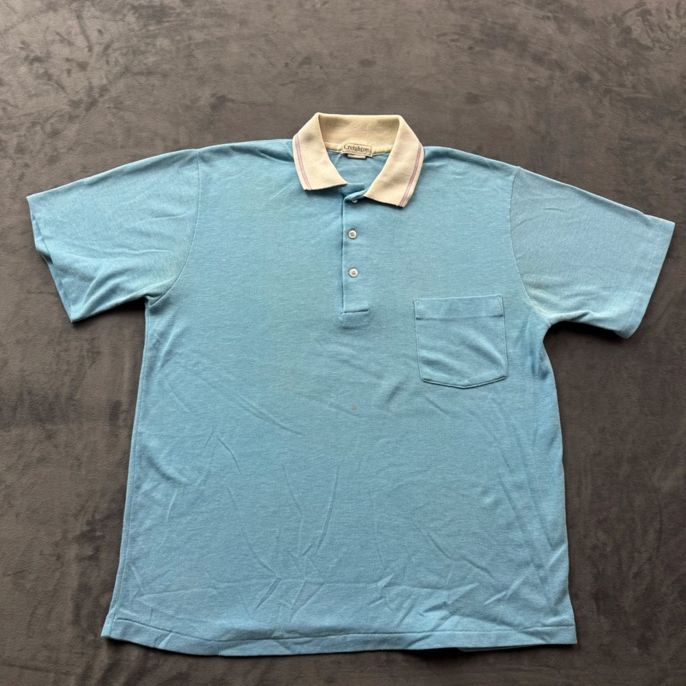 Vintage Creighton Mens Large Blue Polo Shirt Short Sleeve Pocket Made in USA
